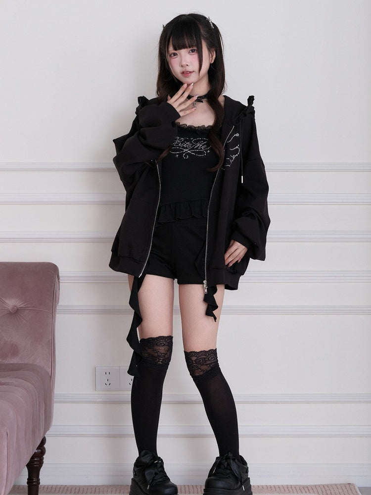 Black Shorts with Cross-Shaped Rhinestone Accents - No Genki