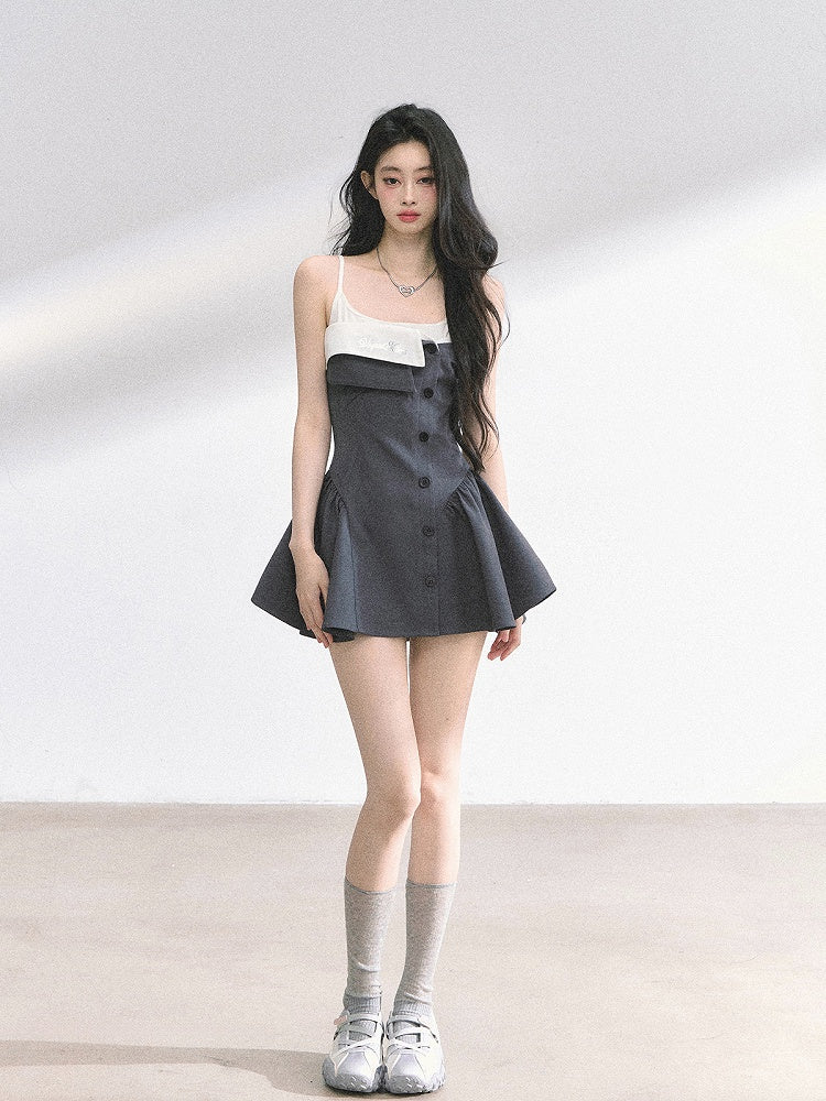 Faux Foldover Dress Two-pieces Spaghetti Gray Collar Strap