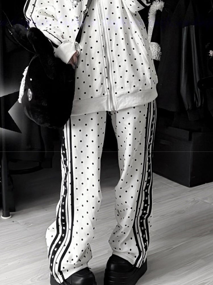 with Jirai Decorations Striped Kei Casual Stud Polka Pants Dot White