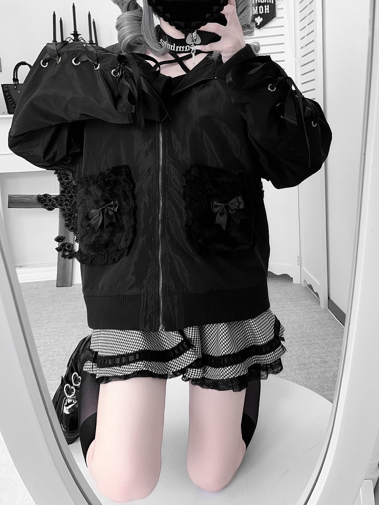 Black Plush Bunny Ear Hood Jirai Kei Jacket with Crossed Back Pins & Lace-Up Sleeves