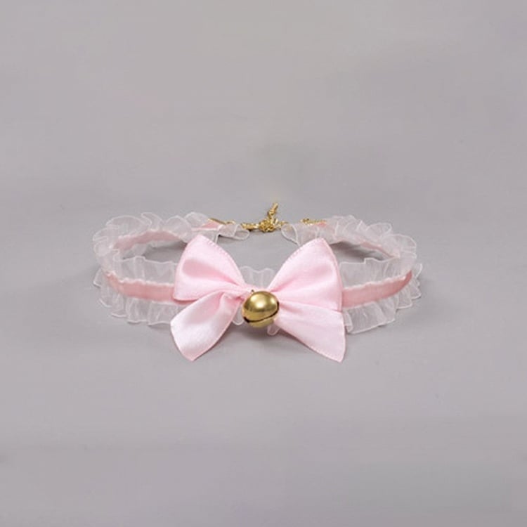 Bow Bell Choker Decorated Black/White/Pink Lace Cute