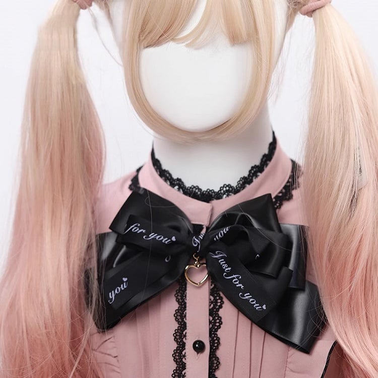 Herzbrosche/Clip, groß, golden, mit Jirai-Anhänger, schwarz, Schleife Kei