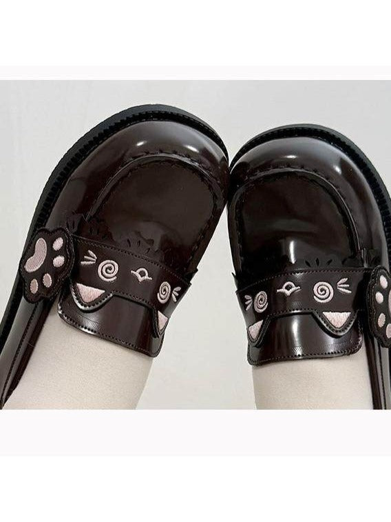 Dark Brown Kawaii School Square Toe Shoes with Cat Theme Design - Moon Baby Diary