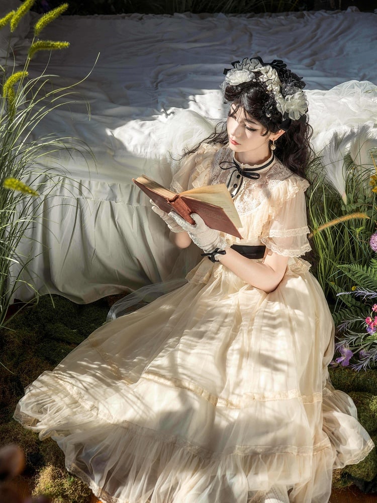 Beige Illusion Neck Classic Lolita Gown - Button Bear