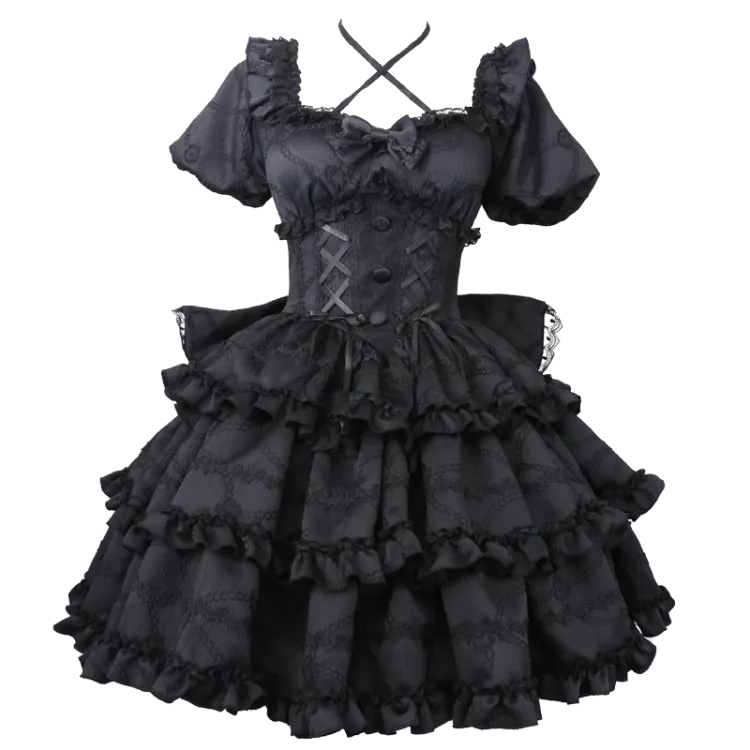 Prinzessin Lolita OP-Kleid mit Rüschentaille, großer Schleife hinten und schwarzem Korsettrock
