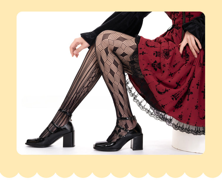 Schwarze Lolita-Netzstrumpfhose mit Rautenmuster