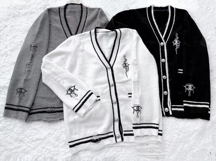 Eye and Snake Embroidery Knit Cardigan Guro Distressed Holes Kawaii Black with