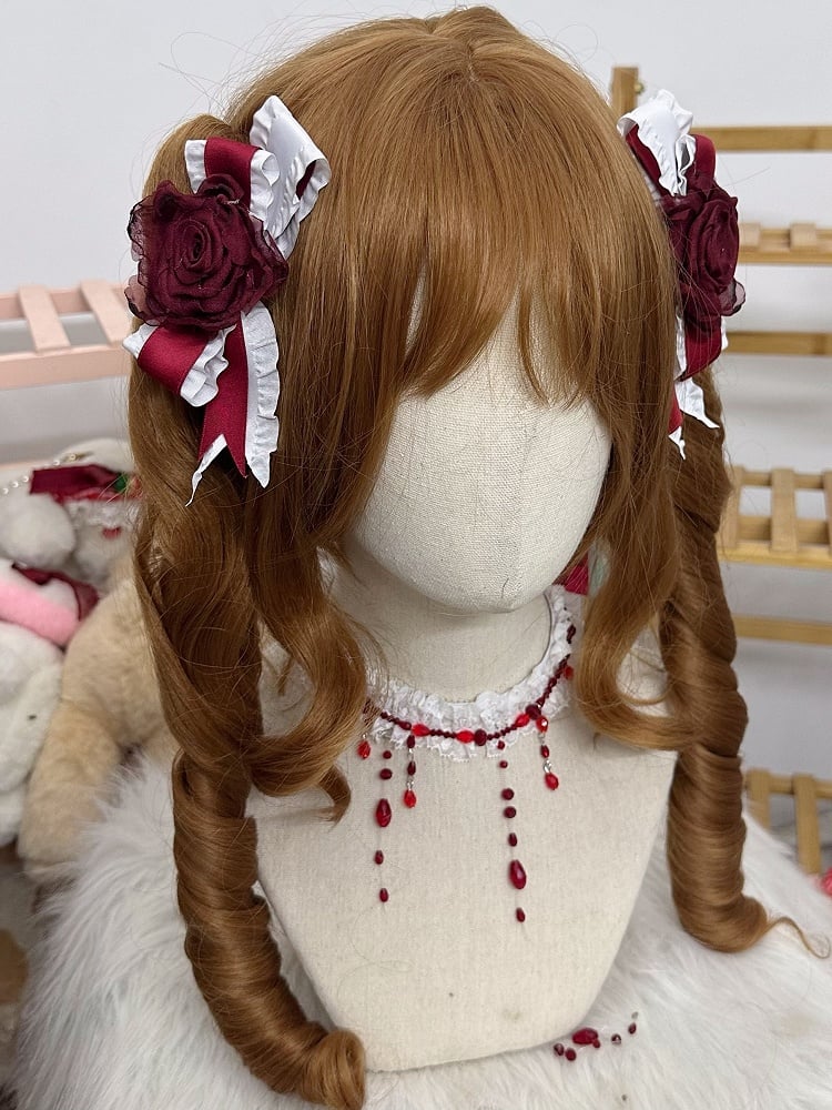 Red Lolita Bow Hairclip Gothic And White Rose