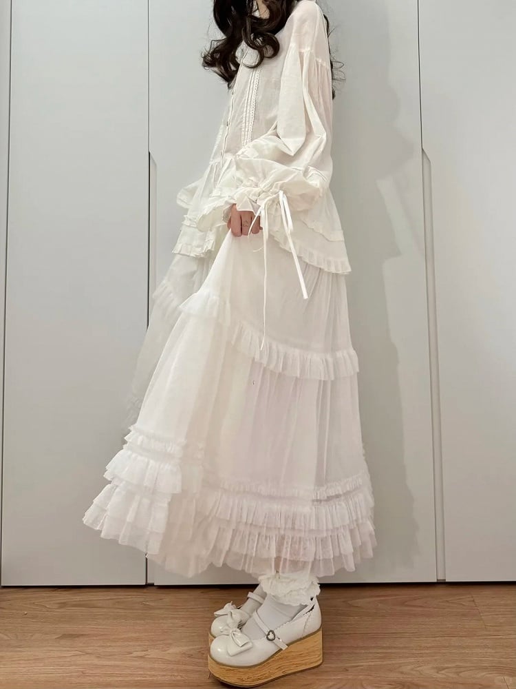 White Lolita Multi-Layer Skirt Ruffled Elegant Tulle Hem Loose