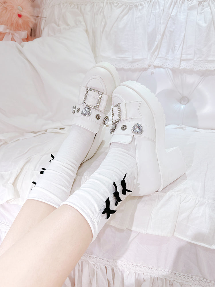 Matte White Heart-Shaped Rhinestones Platform Lolita Shoes Slipons