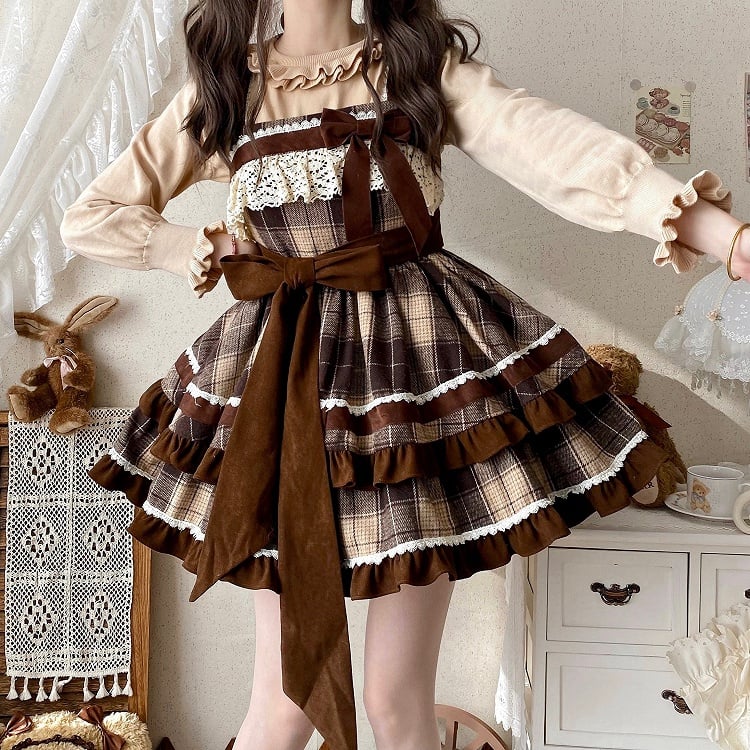 Pattern Autumnand Plaid Lolita Skirt Waist High Dress Brown Winter Jumper
