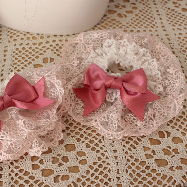 Pink Bowknot Details Lace Trim Wrist Cuffs