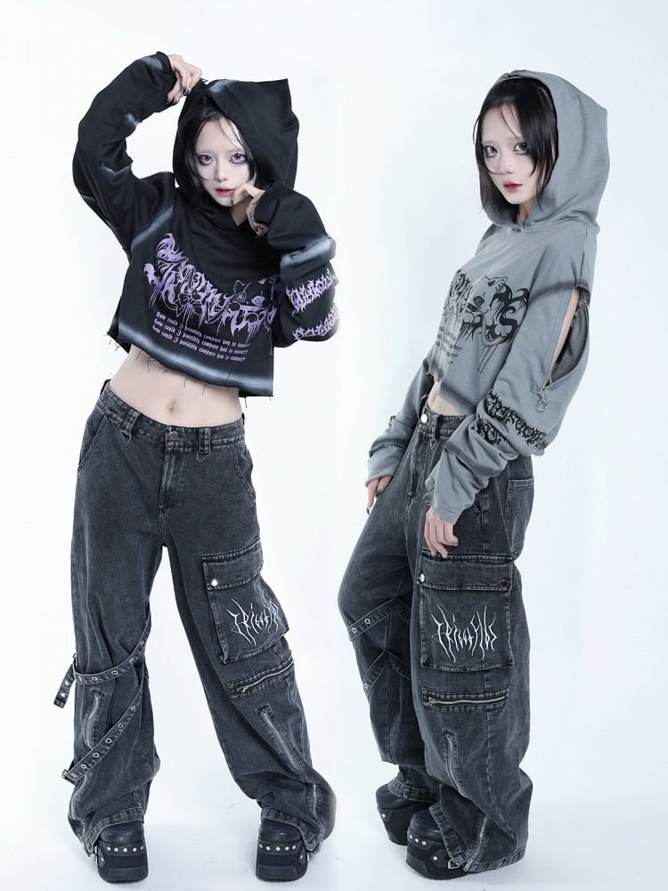 Dark Style Purple & Black Cat Symbol Graphic Cropped Hoodie with Shoulder Zip - Tribuo Flos