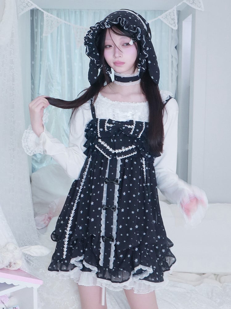 Dress Choker Star Oversized Matching with Tiered Navy Slip Bow White Kawaii Blue Print