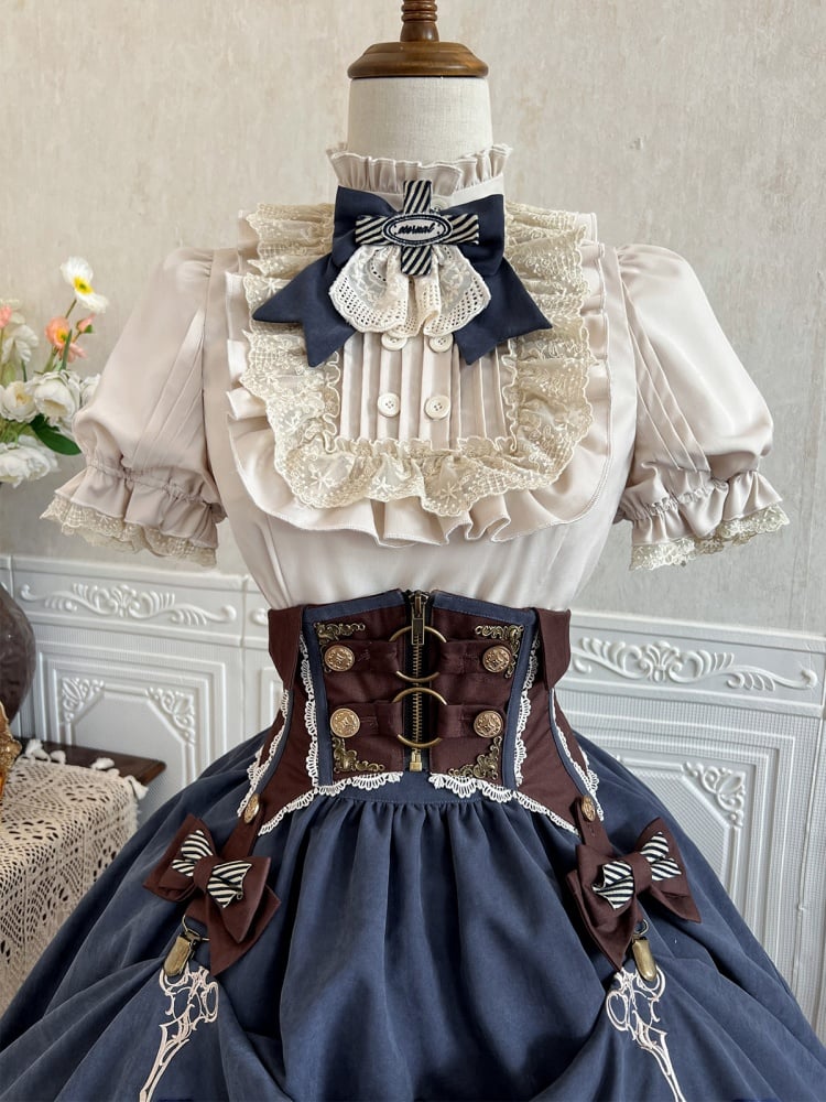 Aprikosenfarbenes Hemd mit Rüschenausschnitt + brauner Korsettgürtel + blauer Rock Steampunk Lolita Set