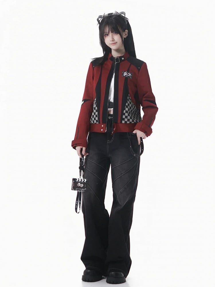Futuristic Zipper Checked Red with Colorblock Black Jacket Inverted Techwear Motor