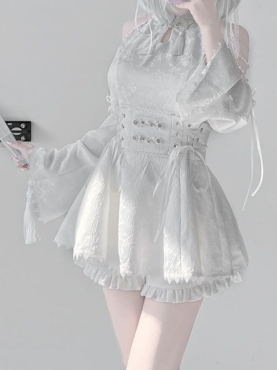 Jirai Kei White Jacquard Bow Cheongsam Style Flared Armwear Accents