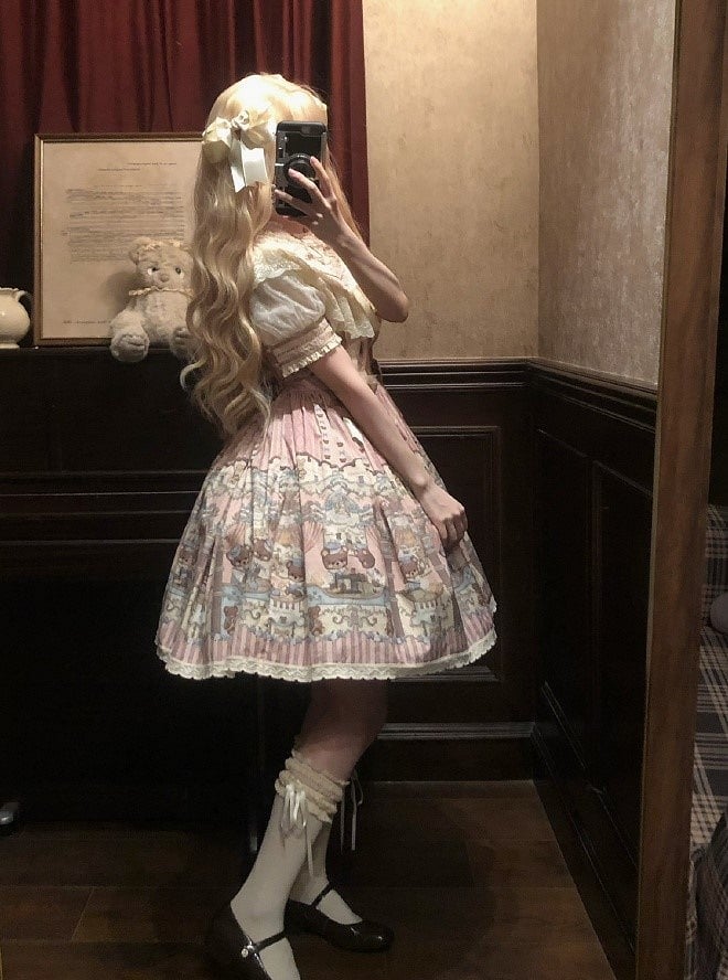 Lolita Pink with Accents Dress Printed Lace-Trimmed Bear Sweet Bow