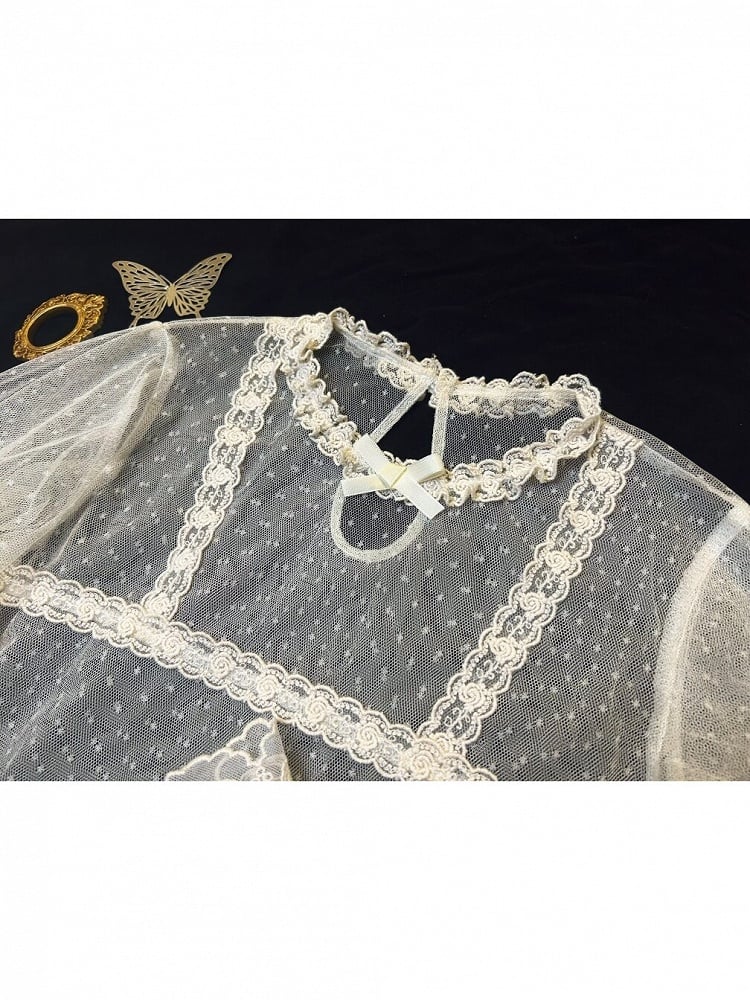 Cream Sheer Polka-Dot Tulle Long-Sleeve Lolita Blouse