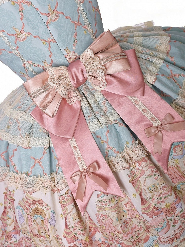 Peter Pan Collar Short-Sleeve OP Dress in Sweet Blue & Pink with Toy Bed Print - Alice Girl