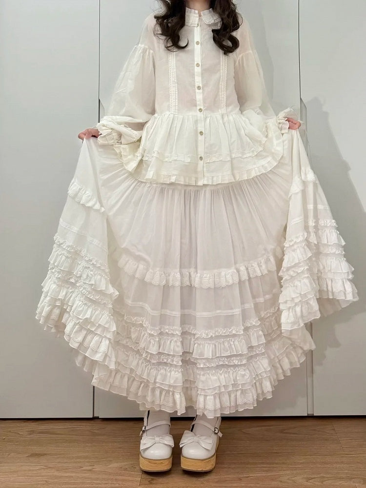 Elegant Cotton Multi-Layer Lolita Skirt White Ruffled Loose Hem