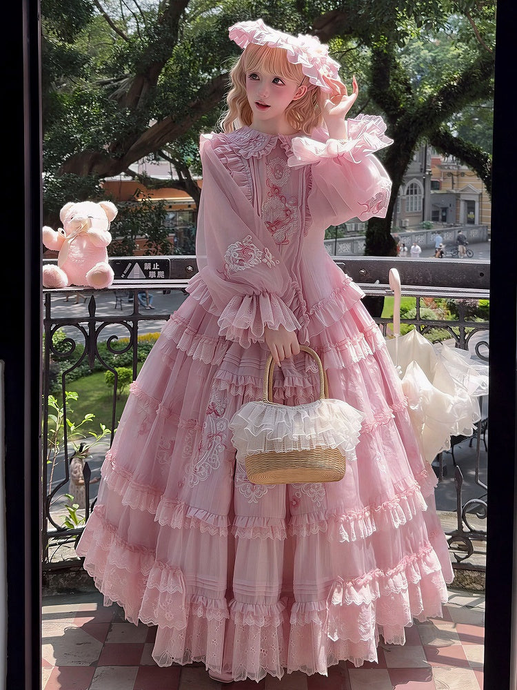 Rose Long Sleeve Lolita Blouse + Embroidered Floral Skirt + Sheer Overlay + Hat Set - Misty Isle Letter