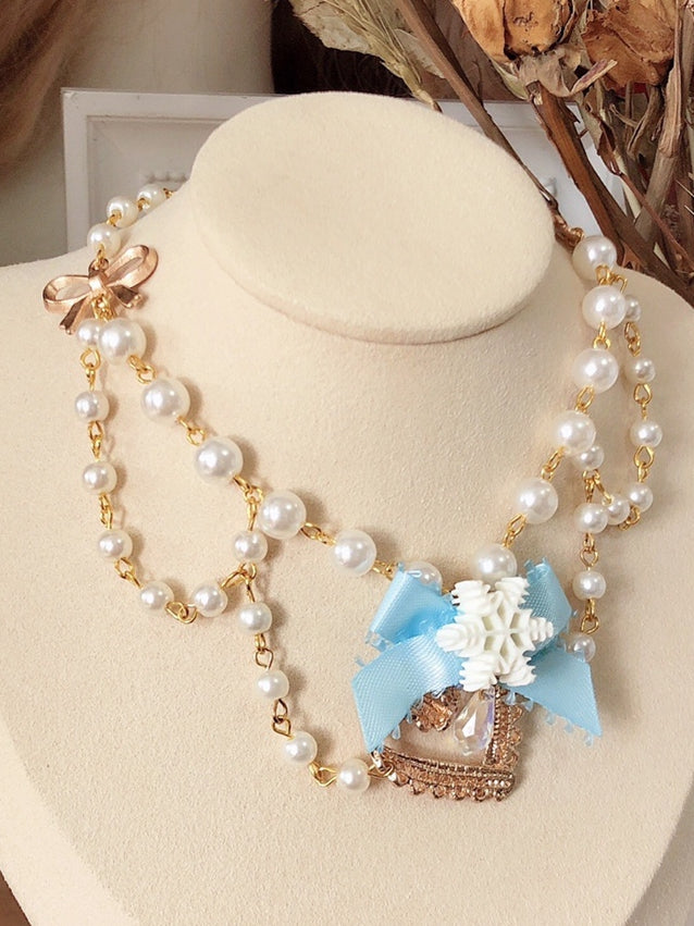 Necklace Bowknot BlueWhite Beaded Vibes Snow Frozen Decorated Pendant