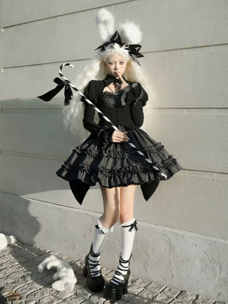 黒とグレーのフェイクツーピースボレロトップダークゴシックロリータストライプドレス