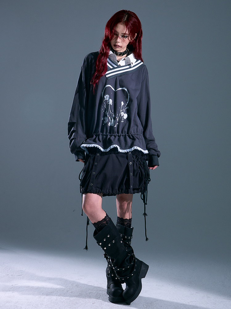 Top Two-Piece - Heart-shaped Waist Sleeve Faux Print Long Drawstring Gray