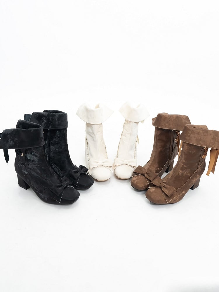 Convertible Scalloped Brown Bow High-heel in Boots Trim Top Boot Delicate Top, Elegant Lolita