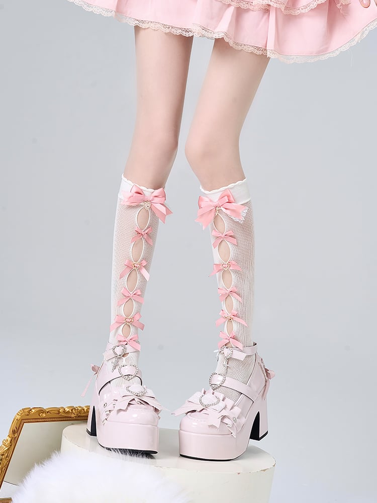 Pink / White Jirai Cut-out Black Calf Kei Socks Bow Decoration Design