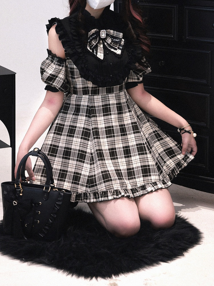 + 3-in-1 Set: Design Jirai Convertible Beige Kei Shorts Sleeve Black | Dress Plaid