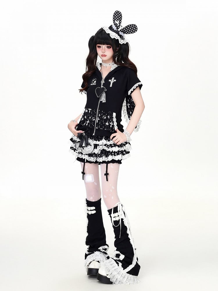 Black Bunny Ear Hooded Short Sleeve Top with Lace Print - CRAZY GIRL