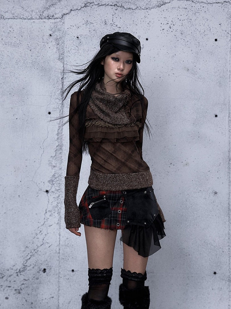 Long Lace Trim Vintage Sleeve Top Crisscross Dark with Pattern Ruffle Stripe Green Punk