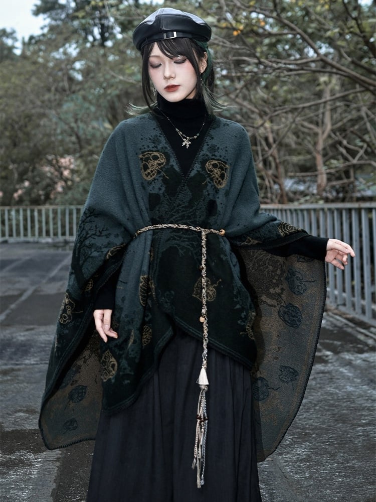 with Goth Design Open Leaf Green - Dark Cheongsam Style Print Placket Shawl
