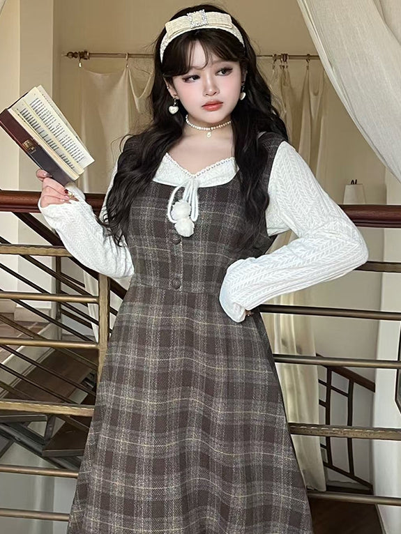 Plus Size Brown High Waist Plaid Pattern Woolen Overall Dress