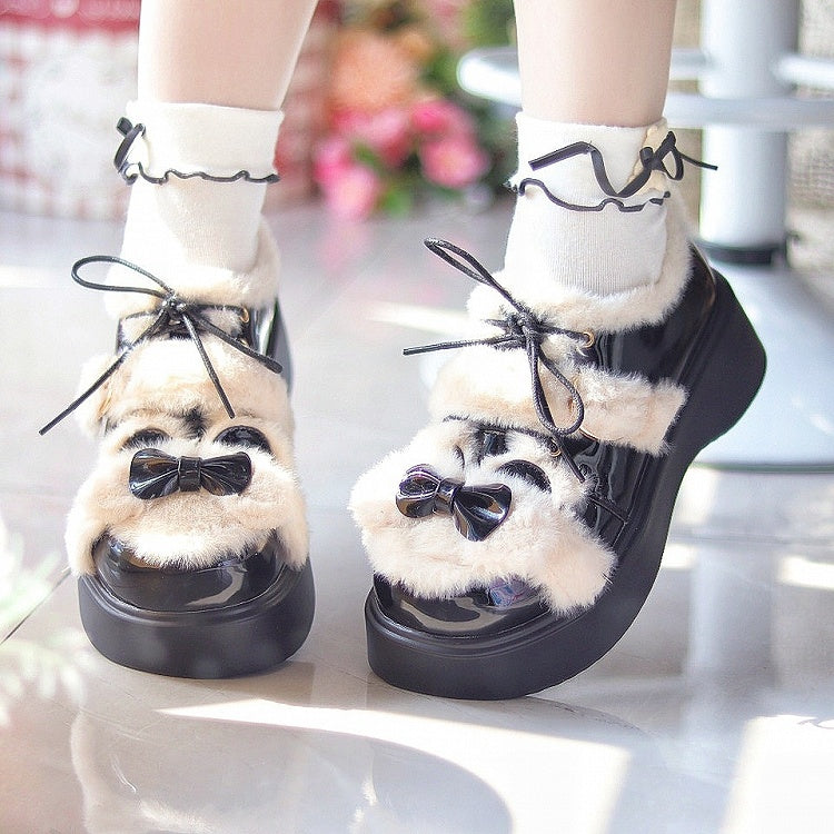 Black Theme Bear Lolita with Sweet Accents PU Ear Bow - Shoes Platform