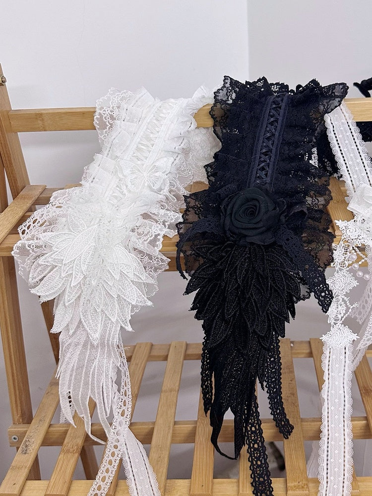 Wings Lace Angle Black/White Gorgeous Ruffled Hairband Bow
