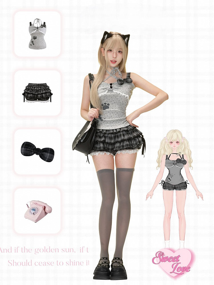 Paw Ways Two Design Off-Shoulder Gray Wear Print Dot Polka with Top