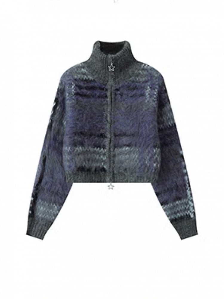 Gray Striped Lockstitch Knit with Sweater Ribbed Purple Mohair Crop Detailing Cuffs