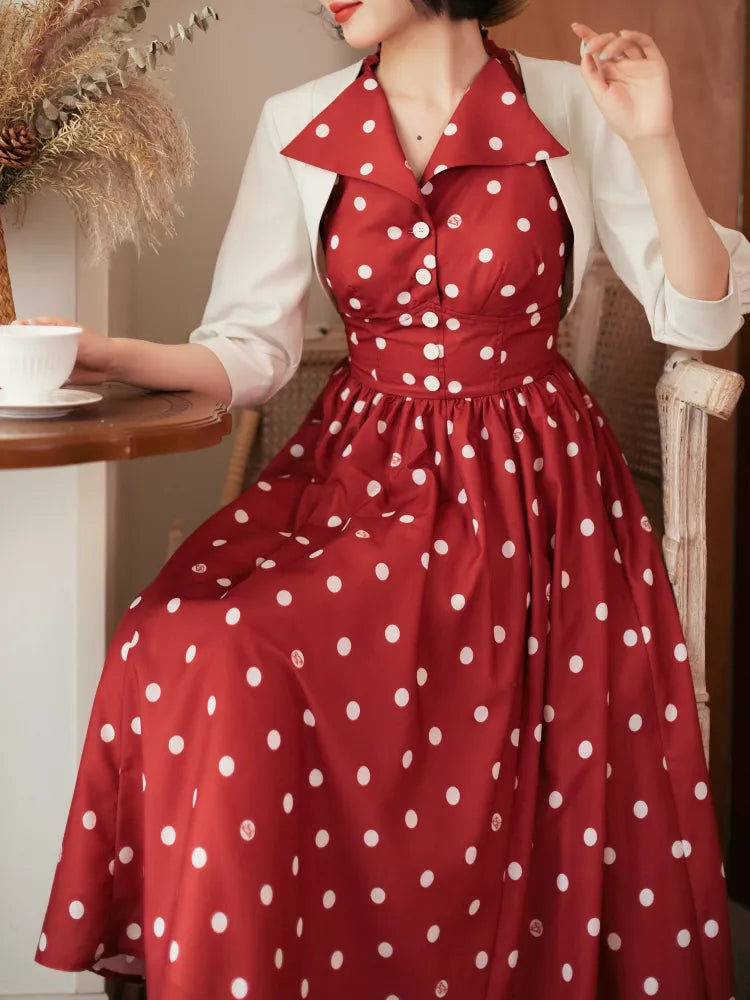 Mode Bogen Halfter Polka Retro Zurück Print Kleid Muster Hals Rote Punkte