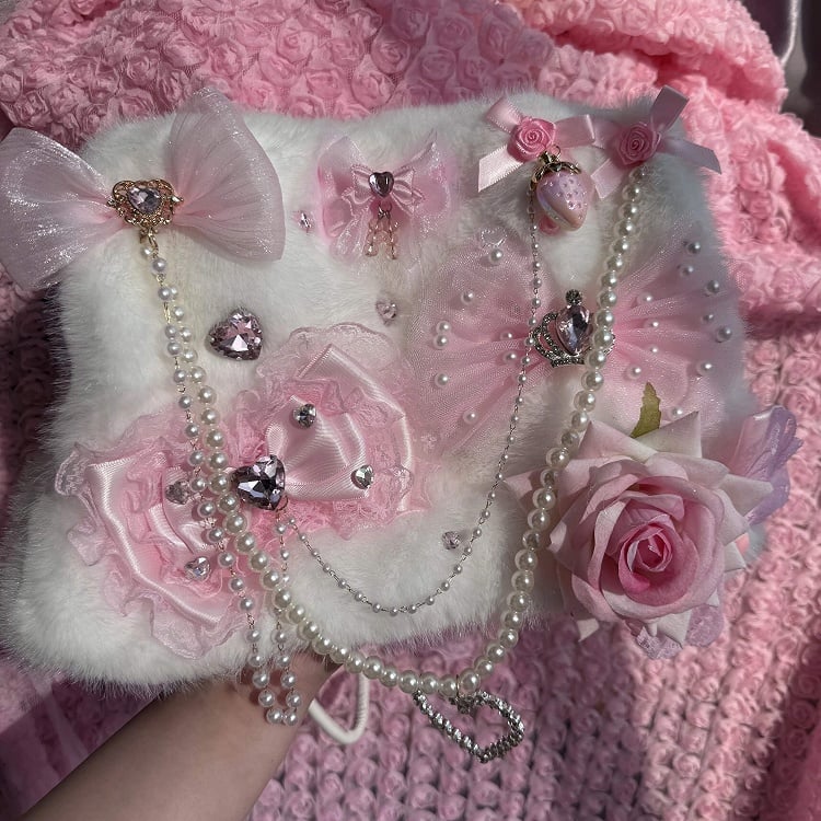 White-Pink Sweet Bag Hime Handmade Dark - Gyaru Lace Black-Pink with