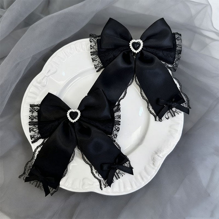 Black/Blue/White Heart Hairclip Lace Trim Rhinestone Bowknot