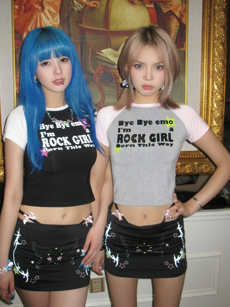 Lining and Rhinestone Star Design Y2K Gyaru Black Bodycon Skirt with Reflective