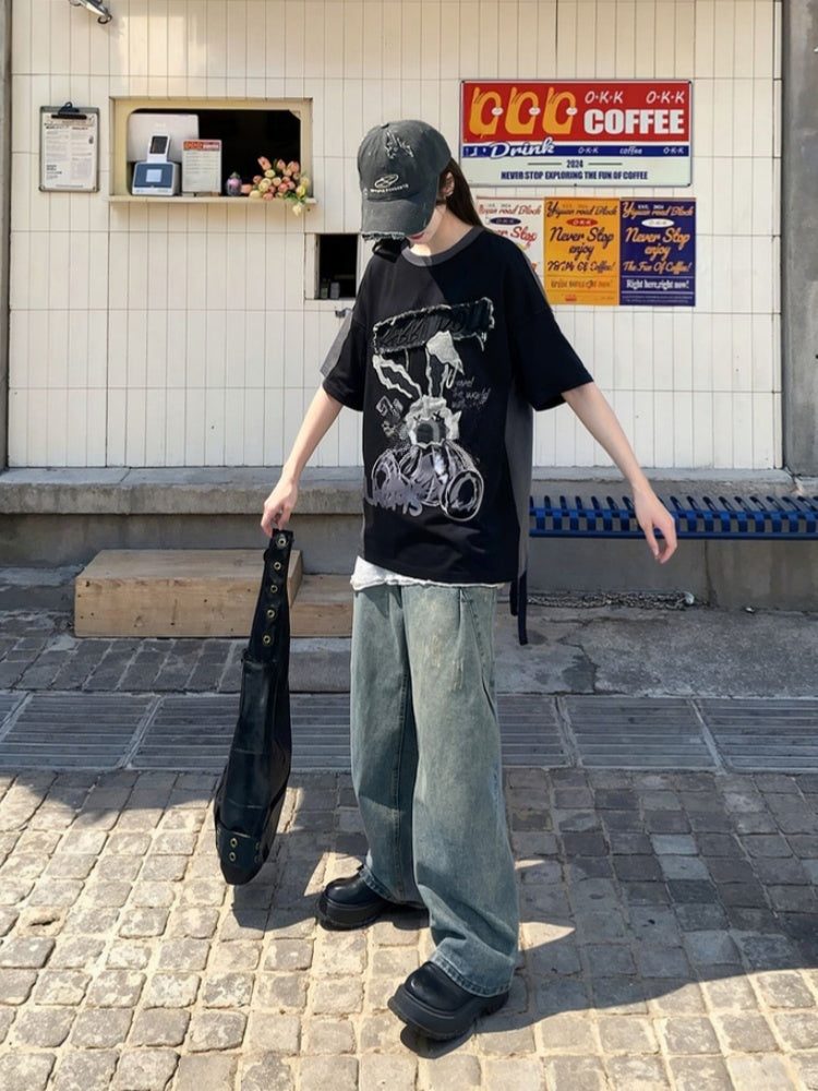 ビタースイートとTシャツのツーピース、フェイクブラックアップリケ、グレーのウサギ柄文字