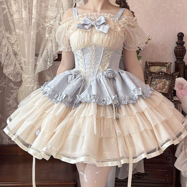 Beige Korsett Taille Big JSK Schnürung Sweet Lolita Balletcore Kleid Zug Schleife und mit Blau