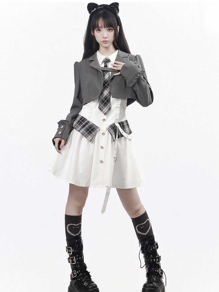 Ruffle Accent White Long Sleeve Preppy Dress with Plaid Tie & Shirt Collar - PINK SAVIOR