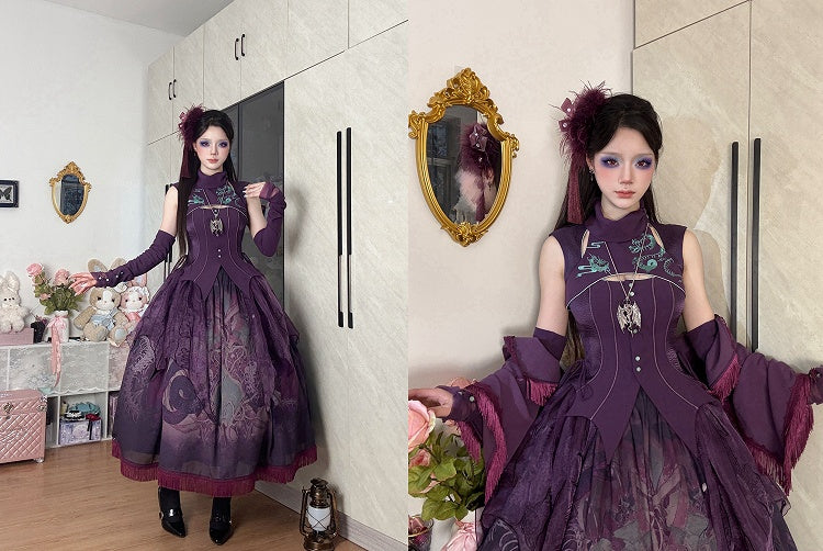 Purple Gothic Snake Bones Embroidery Sleeveless Top