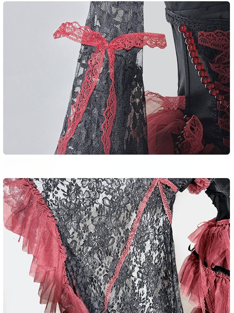 Schwarz-rotes Gothic-Set – Cami-Top + Spitzen-Bolero mit Glockenärmeln + Stufenrock mit Perlenkette und Schnürdetail