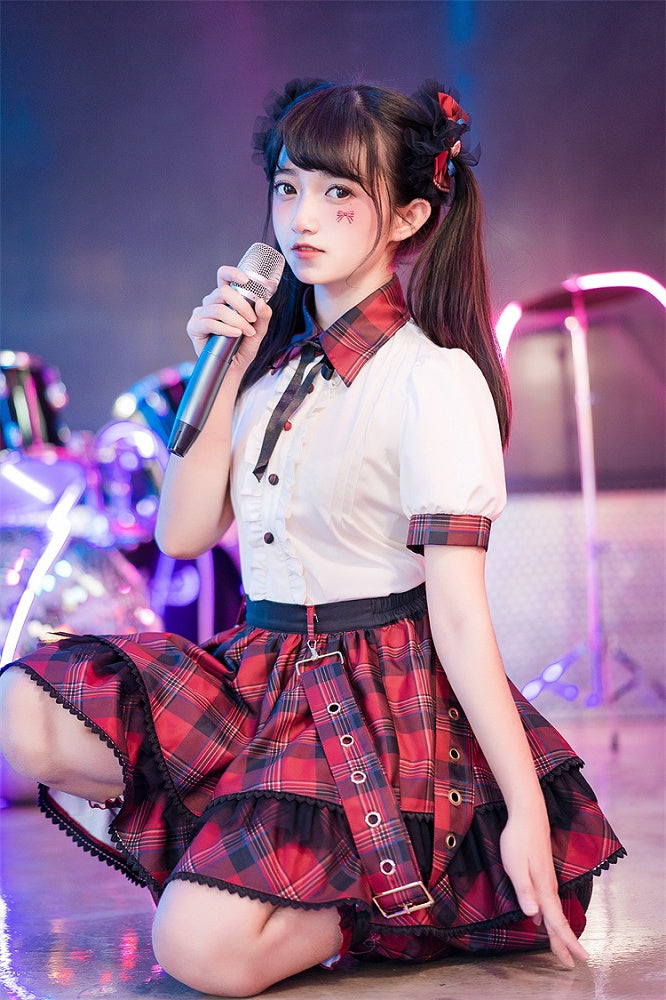 赤いチェック柄バックルストラップ太もも丈アイドルロリータスカート